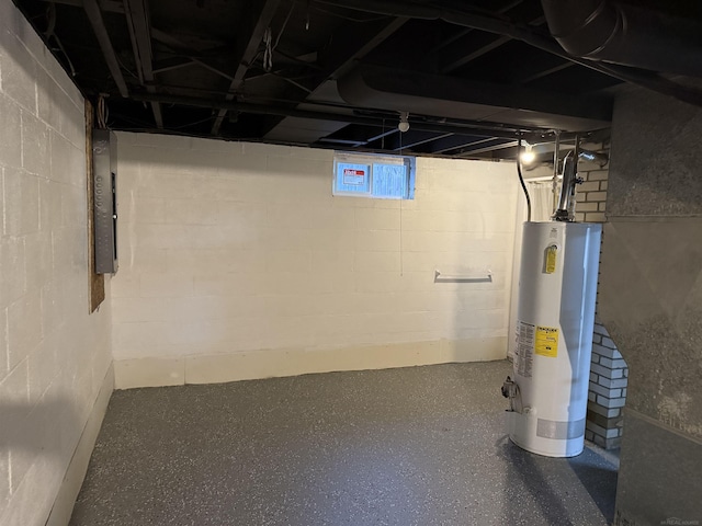basement with gas water heater and electric panel