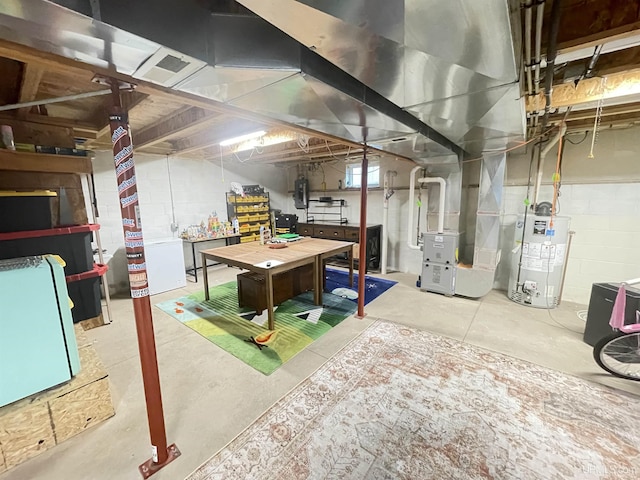 131 Midway Dr, Negaunee, MI 49866 - unfinished basement with gas water heater, heating unit, and concrete block wall