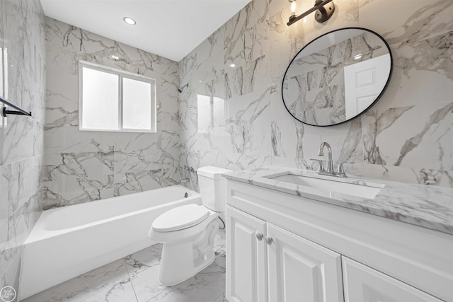 bathroom featuring tub / shower combination, vanity, toilet, and marble finish floor