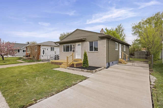 bungalow-style house featuring a storage unit, a front lawn, an outbuilding, and a chimney