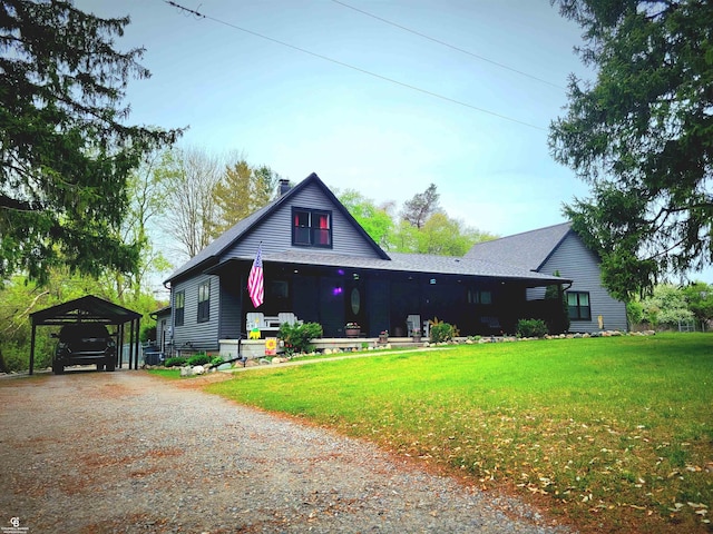 view of front of house featuring a front yard, a chimney, a detached carport, and dirt driveway