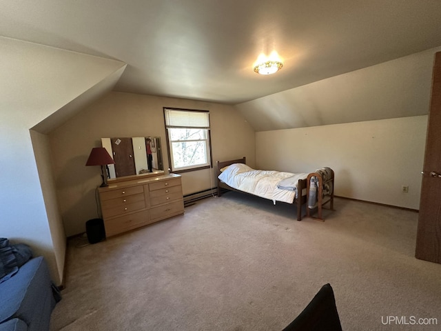 bedroom with lofted ceiling, a baseboard heating unit, and light carpet