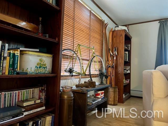 office space with baseboard heating and wood finished floors