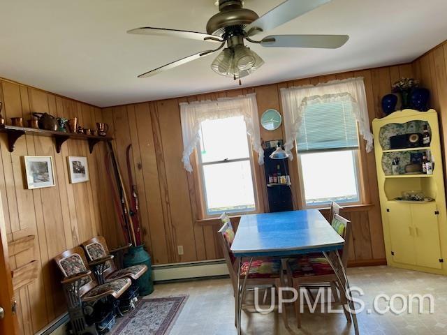 dining space with ceiling fan, wood walls, baseboard heating, and a baseboard radiator