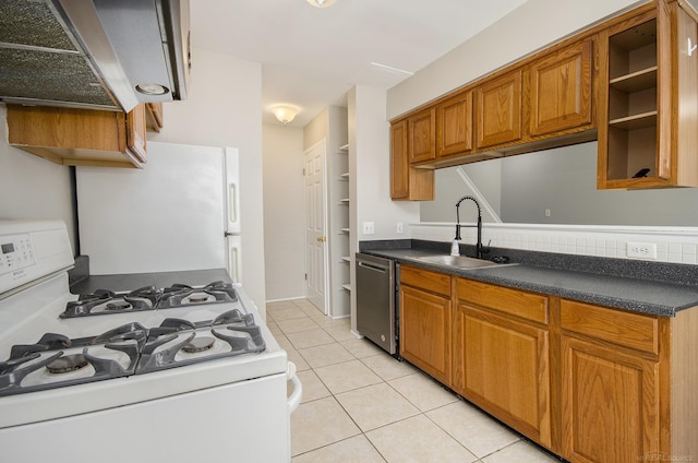 kitchen featuring brown cabinetry, light tile patterned flooring, white appliances, ventilation hood, and a sink