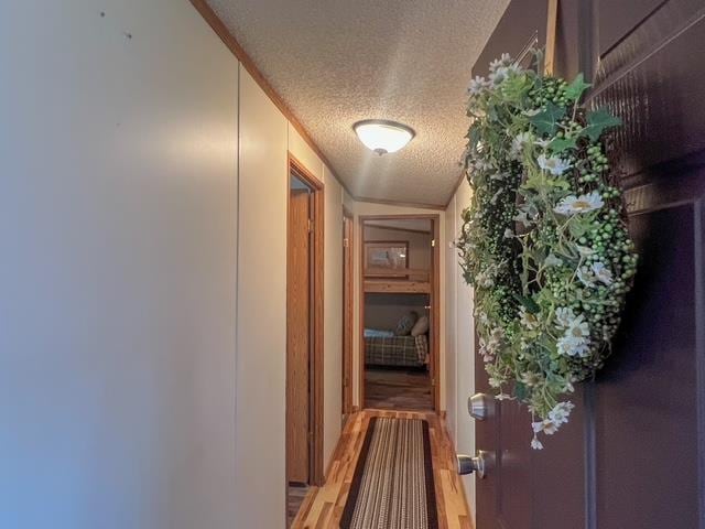 hallway featuring a textured ceiling and wood finished floors