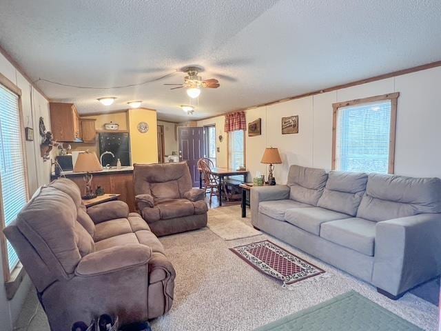 living room featuring light colored carpet, ceiling fan, and a textured ceiling