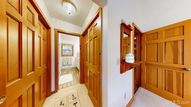 hall with light carpet