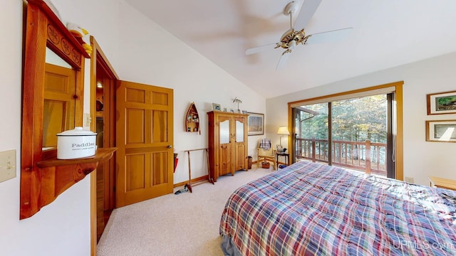 bedroom featuring high vaulted ceiling, light carpet, baseboards, ceiling fan, and access to outside