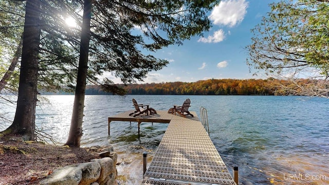 view of dock with a wooded view and a water view