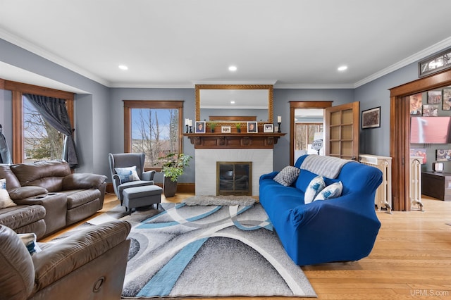 living room featuring crown molding, wood finished floors, a fireplace, and recessed lighting