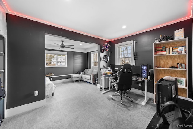 office area with ceiling fan, carpet, baseboards, and recessed lighting