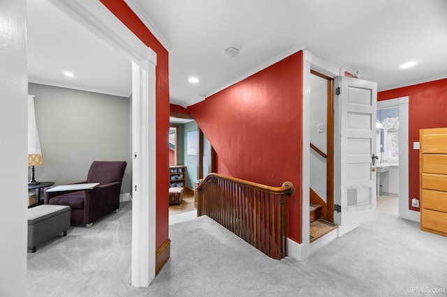 hallway featuring baseboards, crown molding, recessed lighting, and carpet floors