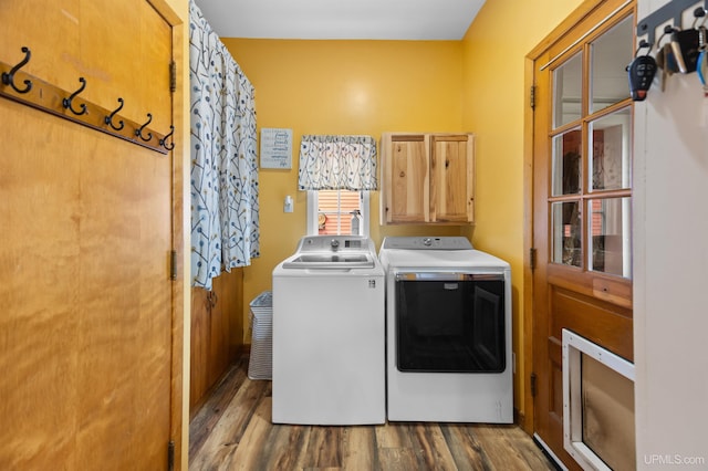 clothes washing area with cabinet space, washing machine and clothes dryer, and wood finished floors