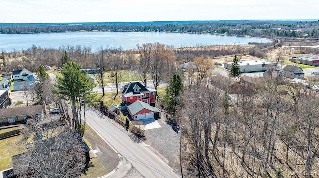 birds eye view of property featuring a wooded view and a water view