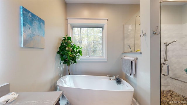 N9006 Sand River Rd, Deerton, MI 49822 - full bathroom featuring a freestanding bath and a shower stall