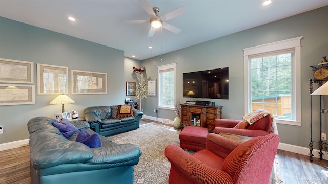 N9006 Sand River Rd, Deerton, MI 49822 - living area with baseboards, recessed lighting, ceiling fan, and wood finished floors