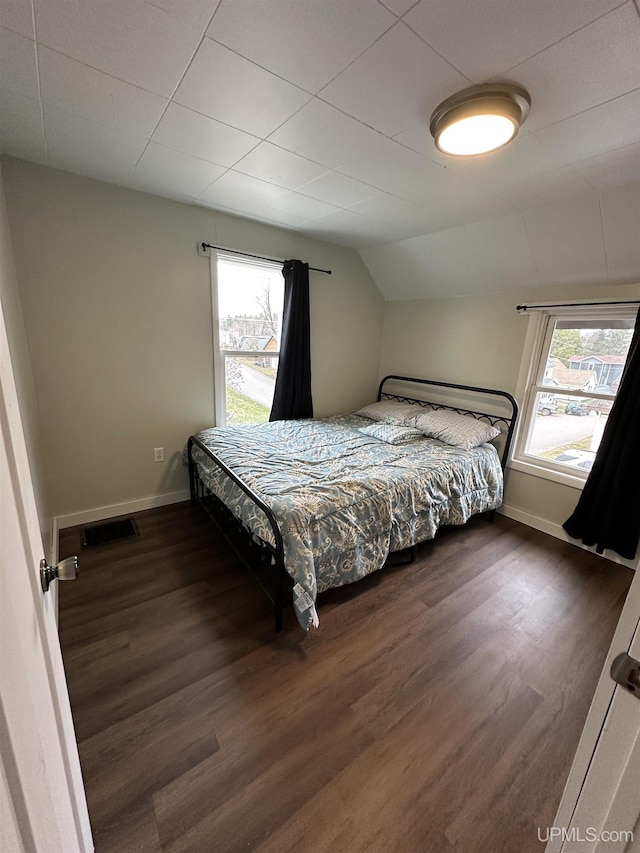 bedroom featuring multiple windows, dark wood-style flooring, and baseboards