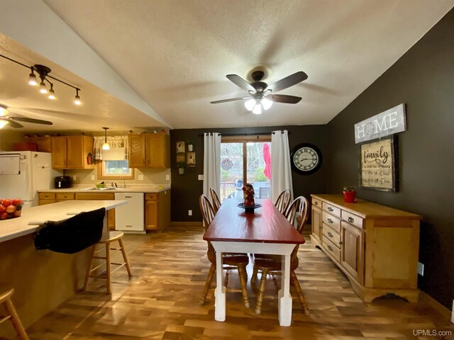 dining area featuring a ceiling fan, a textured ceiling, track lighting, vaulted ceiling, and light wood-type flooring
