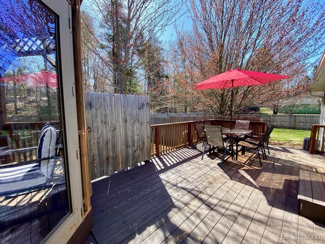 wooden deck featuring a fenced backyard and outdoor dining space