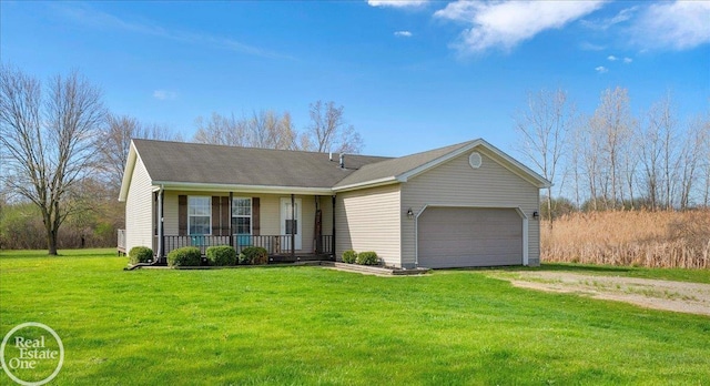 ranch-style home featuring covered porch, dirt driveway, a front lawn, and an attached garage