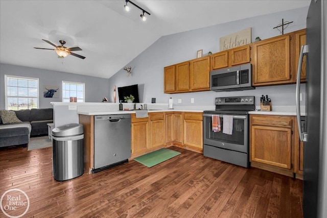 kitchen featuring a peninsula, stainless steel appliances, lofted ceiling, ceiling fan, and open floor plan