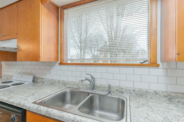 kitchen featuring dishwashing machine, decorative backsplash, range hood, and a sink