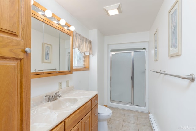 bathroom featuring vanity, toilet, tile patterned flooring, and a stall shower