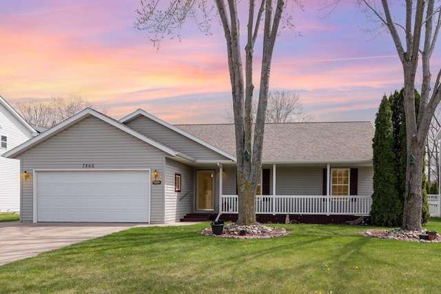 ranch-style house with an attached garage, concrete driveway, a front lawn, a porch, and roof with shingles