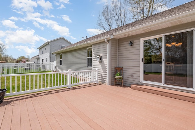 wooden deck featuring a yard and fence