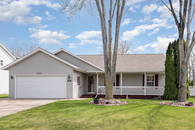 single story home with a porch, roof with shingles, driveway, a garage, and a front yard