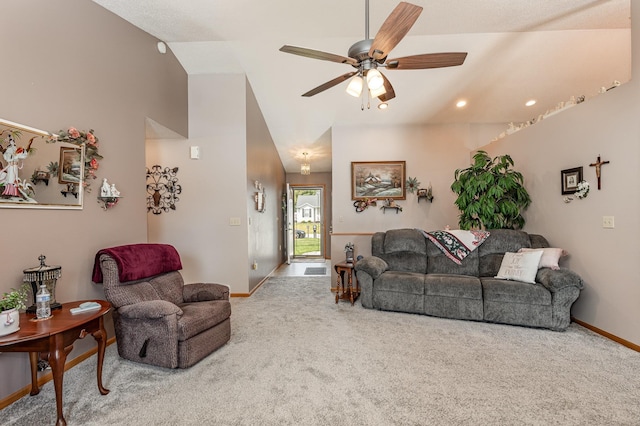 carpeted living area featuring vaulted ceiling, baseboards, a ceiling fan, and recessed lighting
