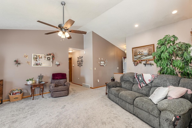 carpeted living room with lofted ceiling, recessed lighting, baseboards, ceiling fan, and visible vents