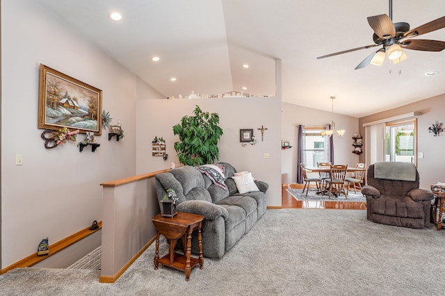carpeted living room with lofted ceiling, baseboards, a ceiling fan, and recessed lighting