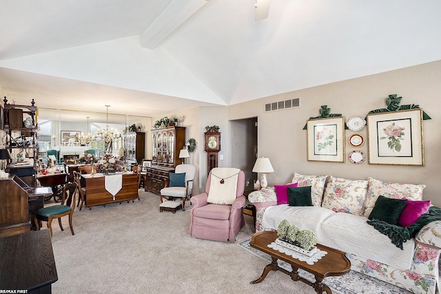 living room featuring visible vents, light carpet, lofted ceiling with beams, and a notable chandelier