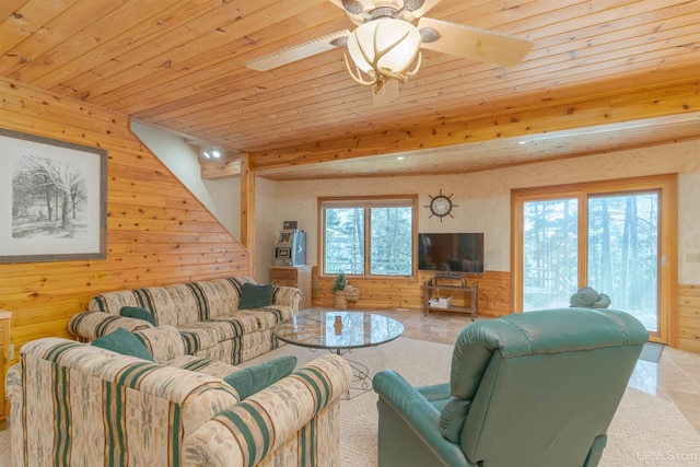 living room featuring a healthy amount of sunlight, wood walls, and wood ceiling