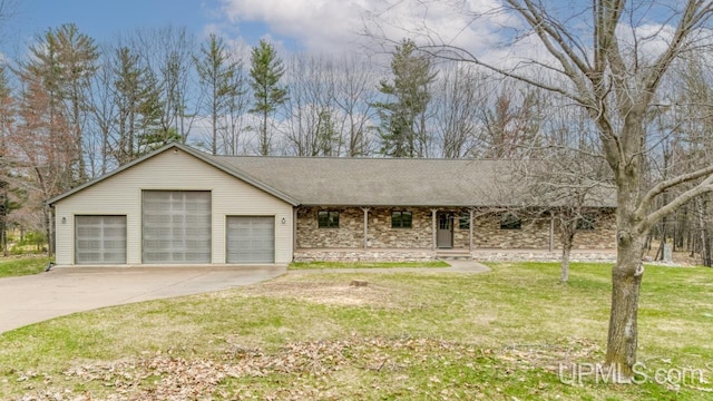 ranch-style home featuring stone siding, a porch, roof with shingles, and a front lawn