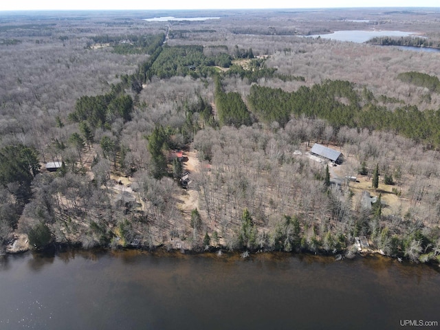 birds eye view of property featuring a wooded view and a water view