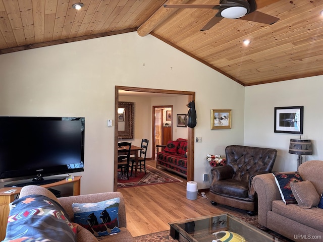 living room featuring wooden ceiling, wood finished floors, a ceiling fan, recessed lighting, and crown molding