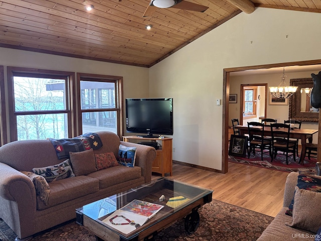 living area with a chandelier, wooden ceiling, plenty of natural light, light wood-type flooring, and vaulted ceiling