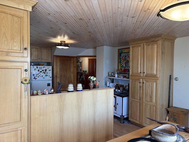 kitchen with freestanding refrigerator, light brown cabinets, light wood-style floors, and a peninsula