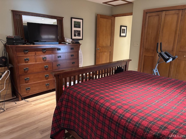 bedroom featuring wood finished floors and a closet