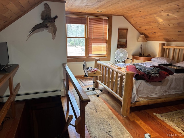 bedroom featuring wooden ceiling, lofted ceiling, wood finished floors, and a baseboard radiator