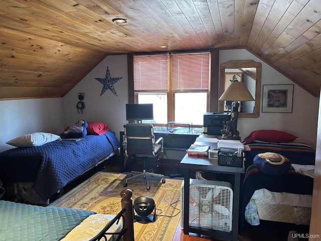 bedroom with wooden ceiling, vaulted ceiling, and wood finished floors