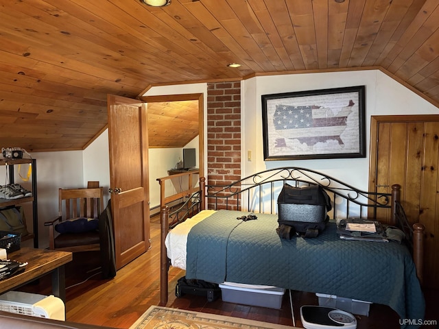 bedroom with wood ceiling, wood finished floors, and vaulted ceiling