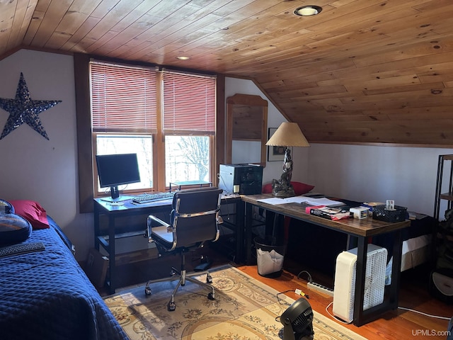 home office with wooden ceiling, vaulted ceiling, light wood-style floors, and recessed lighting