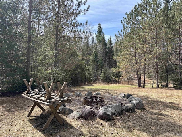 view of yard featuring an outdoor fire pit and a wooded view