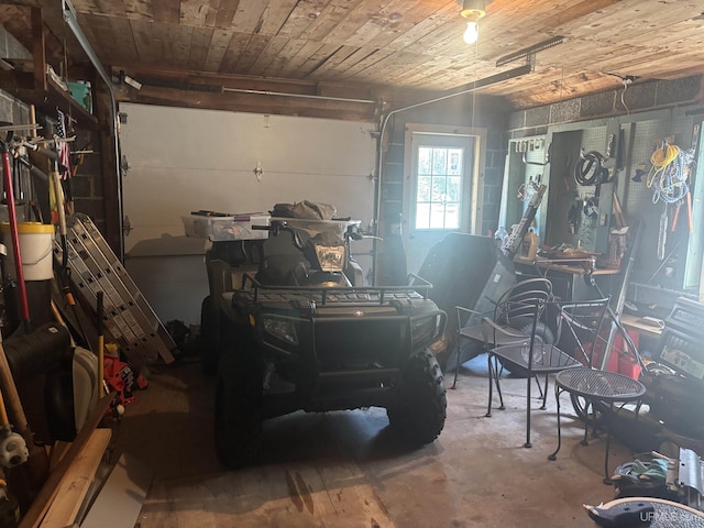 garage featuring wooden ceiling