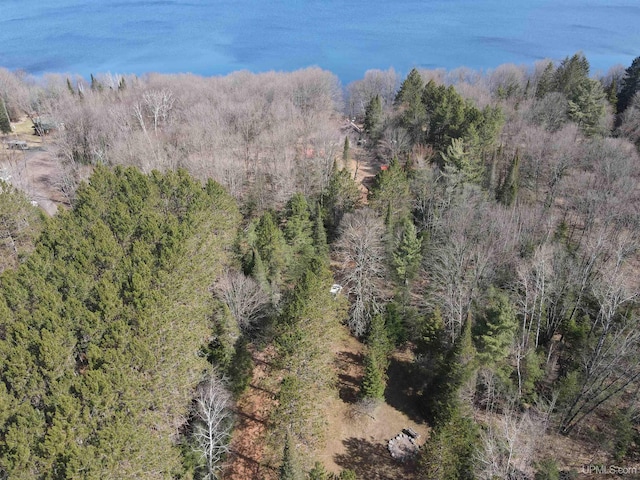 aerial view featuring a wooded view