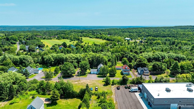 bird's eye view featuring a wooded view